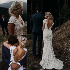 the bride is hugging her groom in the mountains