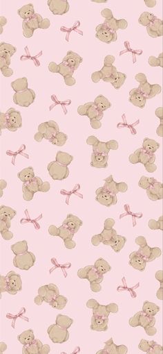 a pink wallpaper with teddy bears and bows on it's head, in the middle