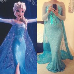 two pictures of frozen princesses in blue gowns and one is holding a cell phone