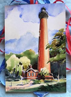 a watercolor painting of a light house