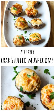 an air fryer crab stuffed mushrooms on a white plate