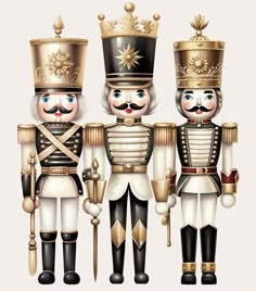 three nutcrackers standing next to each other wearing gold and black outfits,