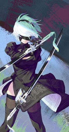 an anime character with white hair holding two swords