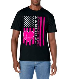 a man wearing a black t - shirt with an american flag and a pink heart