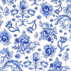 blue and white floral wallpaper with large flowers on the left side of the image