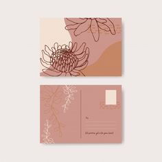 two business cards with flowers on them, one in pink and the other in brown