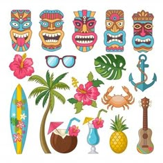 an assortment of tiki masks and tropical items