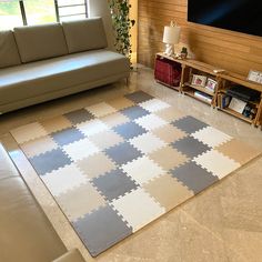 a living room with a couch, television and rug