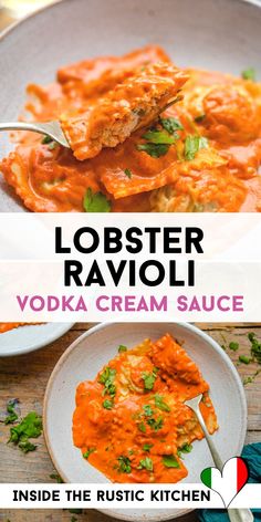 lobster ravioli vodka cream sauce in a white bowl with the words lobster ravioli vodka cream sauce