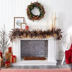 a fireplace decorated for christmas with wreath and presents