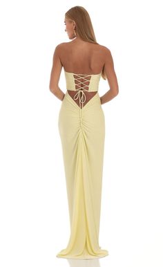 Macey Corset Strapless Dress in Yellow | LUCY IN THE SKY Corsetted Dress, Light Yellow Bridesmaid Dresses, Light Yellow Prom Dress, Wedding Guest Dresses Summer, Yellow Wedding Guest Dresses, Yellow Formal Dress, Light Yellow Dresses, Long Homecoming Dresses, Yellow Homecoming Dresses