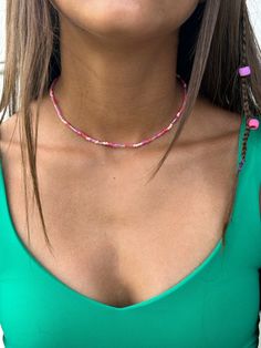 Cute pink beaded necklace! Its 14 inches around and is light and easy to wear! Party Beaded Necklaces With Heart Beads, Trendy Party Beaded Necklace With Tiny Beads, Trendy Beaded Necklace With Tiny Beads For Parties, Trendy Tiny Beads Necklace For Party, Pink Heart Beads Necklace For Party, Pink Necklace With Heart Beads For Party, Pink Party Necklace With Heart Beads, Summer Party Beaded Necklaces With Round Beads, Summer Party Beaded Necklaces With Large Beads