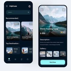 two smartphones displaying the triptrax app on their screens, one with an image of mountains and people