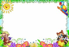 an easter photo frame with animals and eggs in the grass, flowers, and sun