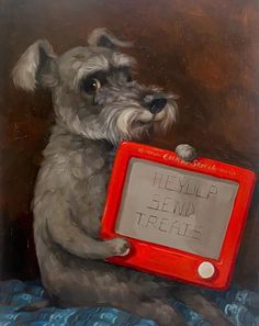 a painting of a dog holding a red sign