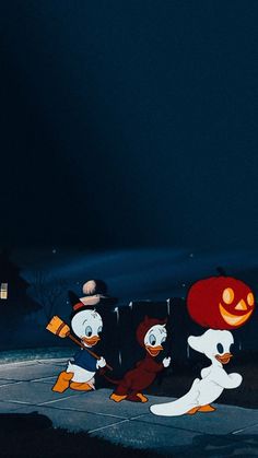 three cartoon characters dressed in halloween costumes, one holding a pumpkin and the other running