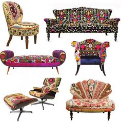 an assortment of colorful couches and chairs