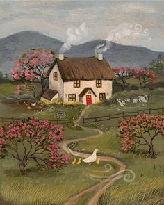 a painting of a farm house with flowers and birds in the foreground next to a country road