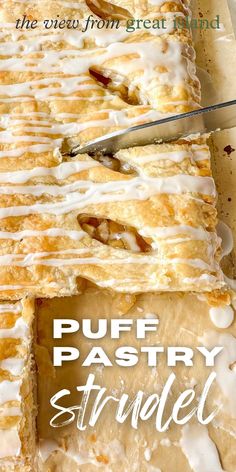 puff pastry with white icing on top and the words puff pastry strudel