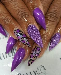 African Nails, Cheetah Nail Art, Purple Glitter Nails, Cheetah Print Nails, Cheetah Nail Designs, Funky Nail Art, Sharp Nails, Cheetah Nails, Gold Glitter Nails