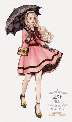 a drawing of a woman in a dress with an umbrella and purse on her shoulder