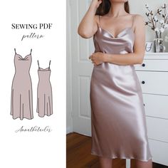 a woman in a silver dress standing next to a white dresser and wearing the sewing pattern