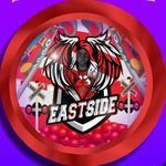 the logo for eastside is shown on a purple background with red and white circles