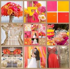 a collage of pictures with different colors and designs on them, including flowers, cake, wedding dresses, and more