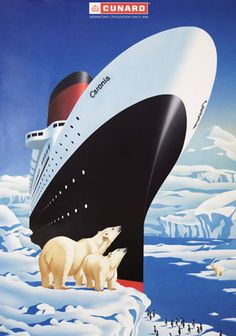 a polar bear standing in front of a large ship with two polar bears on it