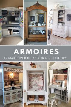 an assortment of antique furniture and decor in various photos with text overlay that reads, armories 15 makeover ideas you need to try