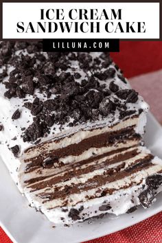 a slice of ice cream sandwich cake on a white plate with the title overlay