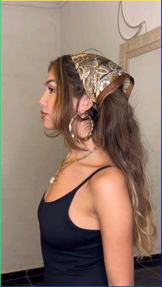 Simple Hairstyle For Photoshoot, Outfit Ideas With Hair Scarf, Bandana Hair Down Hairstyles, Hair Bandanas Ideas, How To Use Scarves In Hair, Hair Scarf With Bun, Hair Wrap With Bangs, Ways To Style Hair Scarf, Hair For Special Events