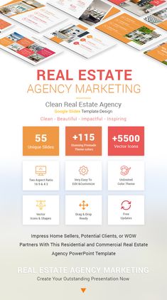 the real estate marketing flyer is shown in orange and white, with multiple images on it