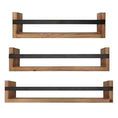 three wooden shelves with black metal handles