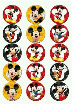 mickey mouse birthday cupcake toppers with the characters on them and their names in red,