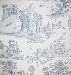 a blue and white toiler wallpaper with children playing in the woods on it