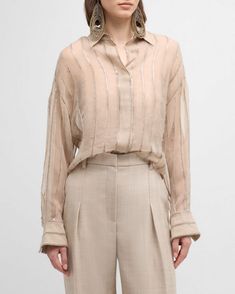 Brunello Cucinelli Crispy Silk Button-Front Blouse with Sequin Stripes | Neiman Marcus Striped Shirt Women, Cocktail Jacket, Blazer With Jeans, Brunello Cucinelli, Hip Length, Top Designers, Handbags On Sale, Womens Clothing Tops, Workout Shirts