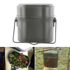 a collage of photos with food and cooking utensils in them, including a large pot on fire