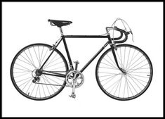 a black and white photo of a bike on a white background with the words,