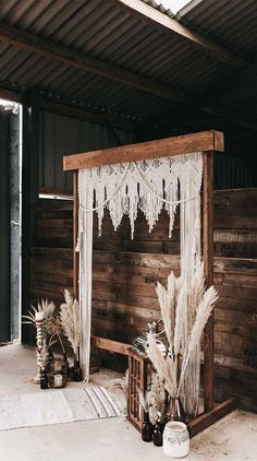 an image of a bed made out of wood and macrame yarn with text overlay