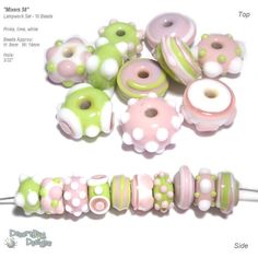 pink, green and white beads with polka dots on them are sitting next to each other