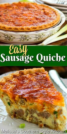 an easy sausage quiche is shown on a plate with the title in the middle