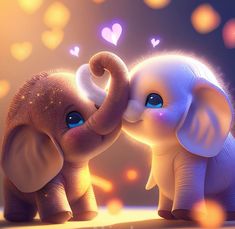 two little elephants touching trunks with hearts in the sky behind them, one elephant has it's trunk over the other