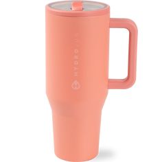 a pink travel mug with the lid up and handle down, on a white background