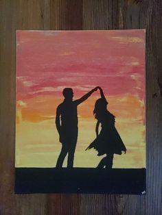 a painting of two people holding hands in front of an orange and pink sky at sunset