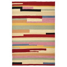 a multicolored area rug with stripes and lines on the bottom, in various colors