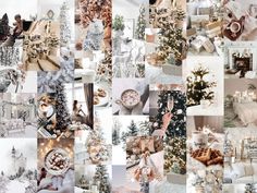 a collage of pictures with christmas trees and decorations in white, gold and silver