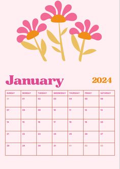 a calendar with flowers on it and the date for july in pink, yellow and orange