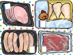 four different types of meats in plastic containers on a polka dot tablecloth background