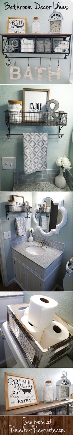 four different pictures showing the inside of a room with various items in it and on top of each other